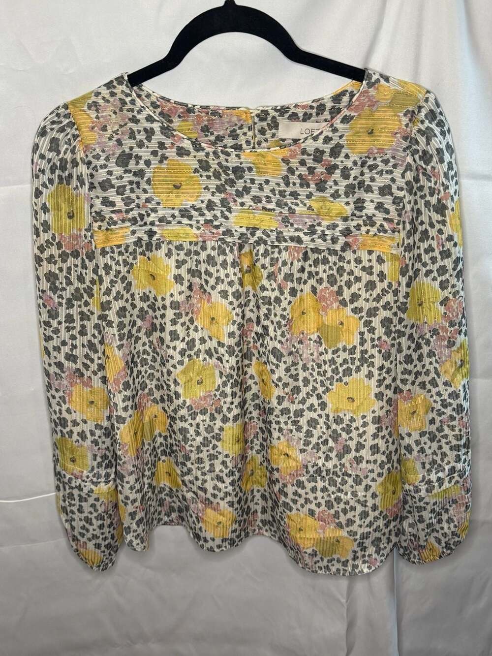 LOFT Mixed Leopard and Floral Print Metallic Stripe Pintuck Blouse